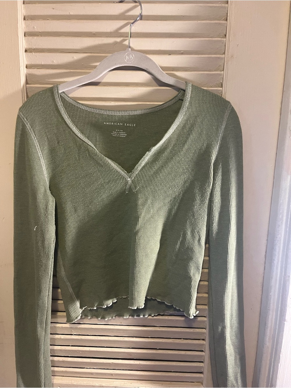 American Eagle Outfitters Sage Green Ribbed V-Neck Long Sleeve Top